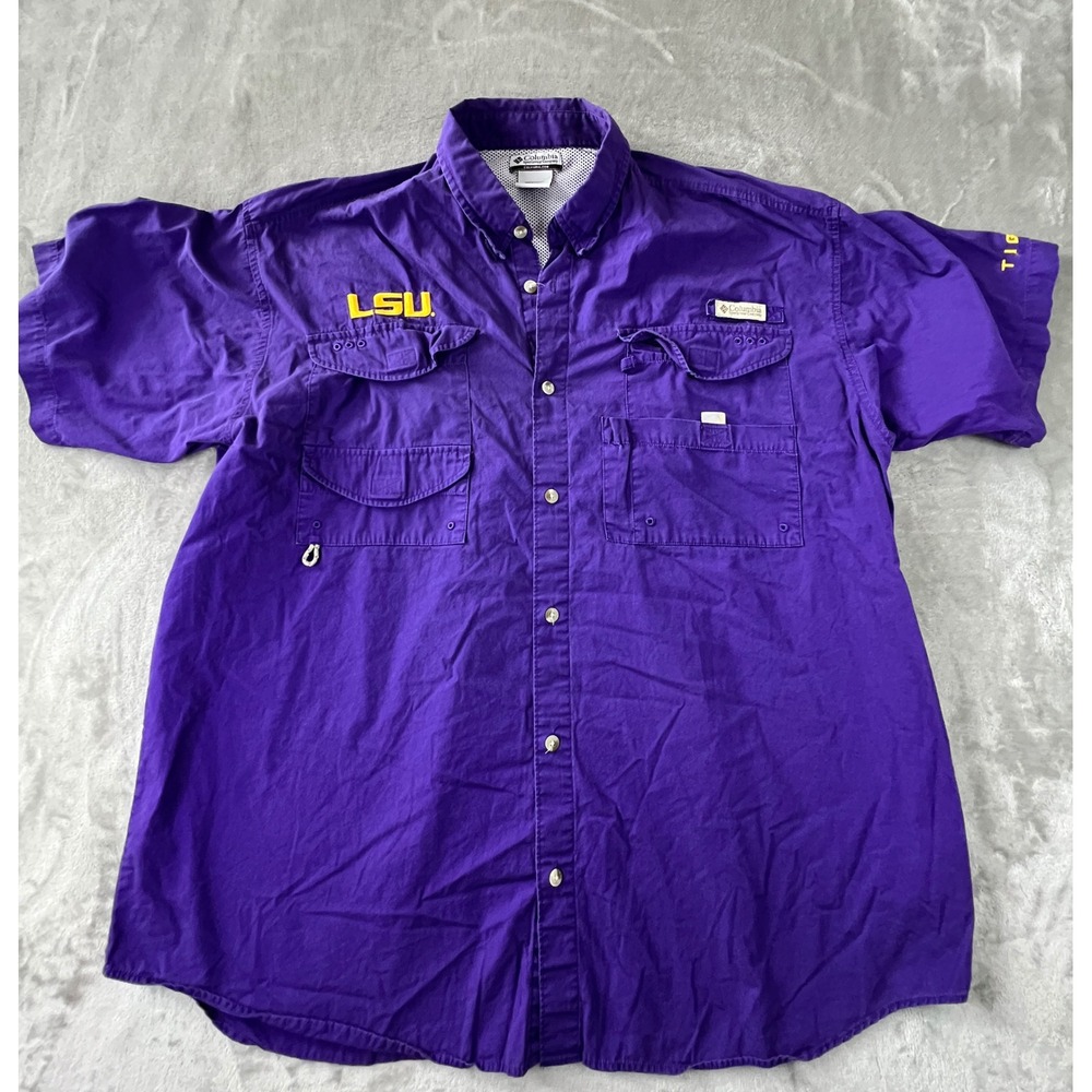Columbia Fishing Shirt Mens XXL Purple LSU Tigers PFG Short Sleeve Button Up